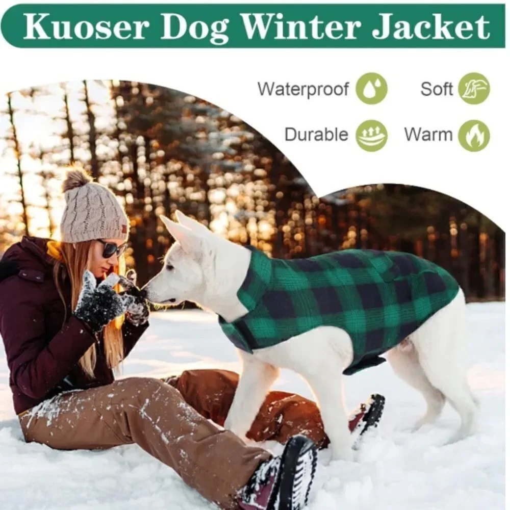 Kouser British Style Green Plaid Winter Dog Coat Jacket Reversible Size L